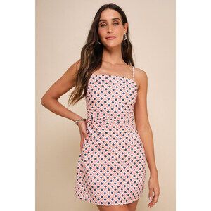 Lulus Charming Desire Pink Geo Print Ruched Sleeveless Mini Dress - Size XS